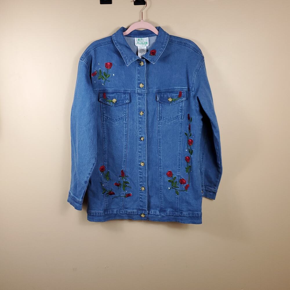 The Quacker Factory Oversized Rose Embroidery Trucker Denim Jacket Size M